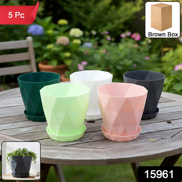Diamond Design Plastic Flower Pot Set with Drain Tray (5 Pc) - justgrabit.in | Just Grab It