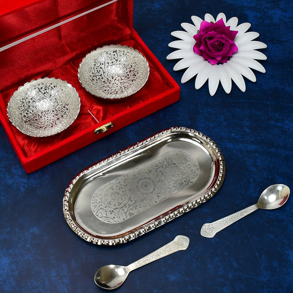 Silver - Plated Brass Bowl & Spoon Set with Velvet Gift Box - justgrabit.in | Just Grab It