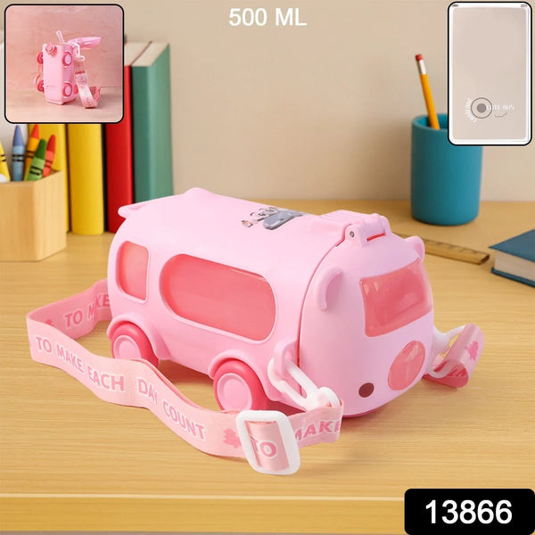 Bus Shaped Kids Water Bottle with Strap – 500ml Cute Cartoon Design With Sticker - justgrabit.in | Just Grab It