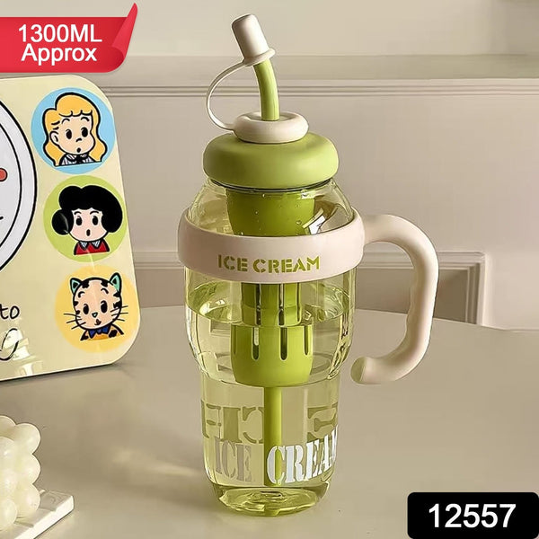 Approx 1300ML Large Capacity Cute Ice Cream Themed Water Bottle with Handle, Straw - justgrabit.in | Just Grab It