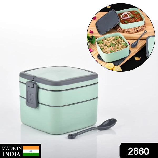 GREEN DOUBLE - LAYER PORTABLE LUNCH BOX STACKABLE WITH CARRYING HANDLE AND SPOON LUNCH BOX , Bento Lunch Box - Justgrabit Inc.