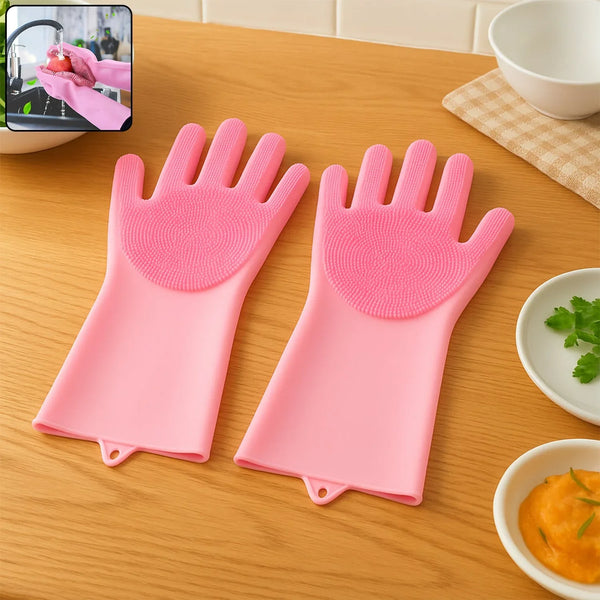 Dishwashing Gloves with Scrubber| Silicone Cleaning Reusable Scrub Gloves for Wash Dish Kitchen| Bathroom| Pet Grooming Wet and Dry Glove (1 Pair , 196Gm) - Justgrabit Inc.
