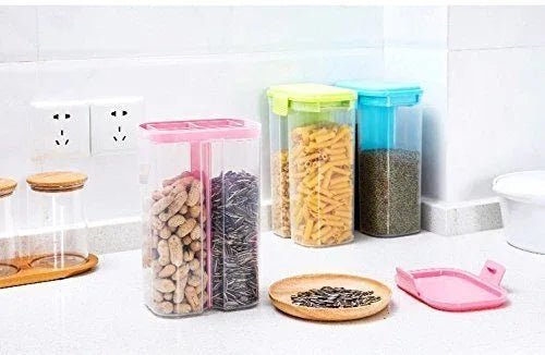 Plastic 2 Sections Air Tight Transparent Food Grain Cereal Storage Container (2 ltr) (With Box) - Justgrabit Inc.