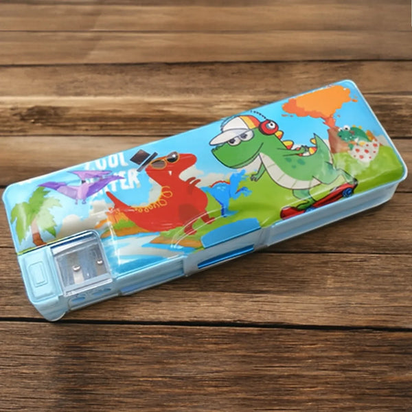 Plastic Multipurpose Compass Box – Double Deck Pencil Case with 2 Compartments & Cartoon Organizer (1 Pc, Mix Design) - Justgrabit Inc.