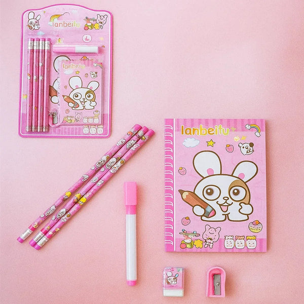 Kids' Stationery Kit: Wooden Pencils, Sharpener, Eraser, Diary (8 Pc Set) - Justgrabit Inc.