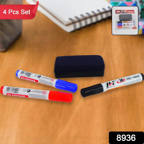 Whiteboard Marker Set (Blue, Black, Red) with Board Duster - Pack of 4 - Justgrabit Inc.