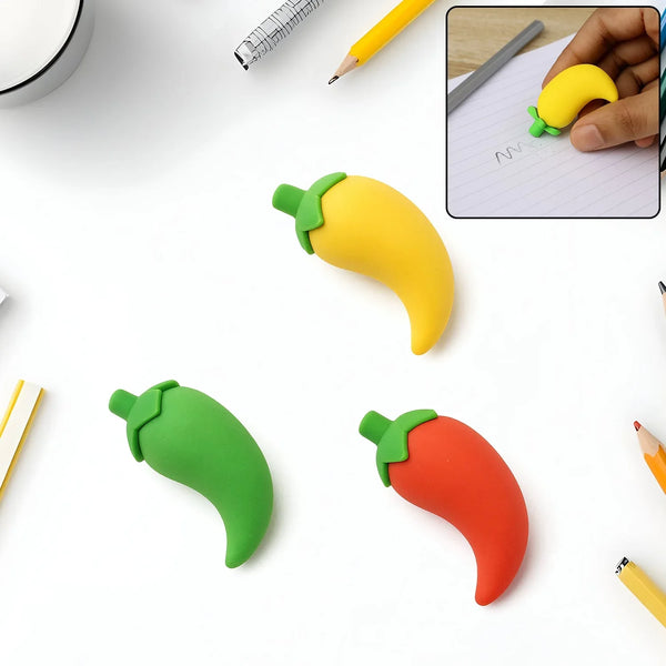 3D Fancy Colorful Chili Shape Erasers – Mini Novelty Eraser Set (3 Pc) - Justgrabit Inc.