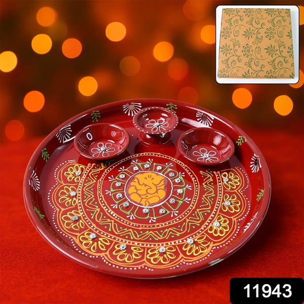 Hand - Painted Decorative Pooja Thali with Ganesha Motif and Diyas - Justgrabit Inc.