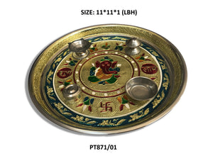 Stainless Steel Pooja thali Decorate with Golden Chain Colourful Diamond Chain Pearl Fancy Stones - Justgrabit Inc.