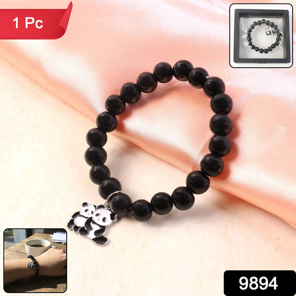 Premium Black Beaded Stretch Bracelet with Cute Panda Charm (1 Pc) - justgrabit.in | Just Grab It