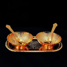 Gold Silver Plated 2 Bowl 2 Spoon Tray Set Brass with Red Velvet Gift Box Serving Dry Fruits Desserts Gift - Justgrabit Inc.