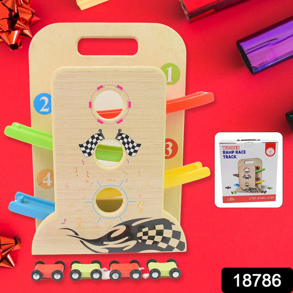 Wooden Ramp Racer Race Track Vehicle Play sets With 4 Mini Racers (with Handle) - justgrabit.in | Just Grab It