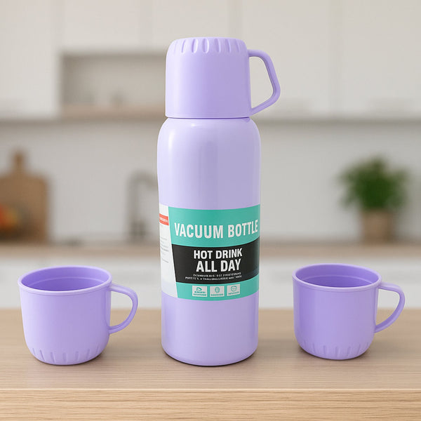 Vacuum Flask Set – Stainless Steel Thermos with 3 Cups, Approx 500ml - justgrabit.in | Just Grab It