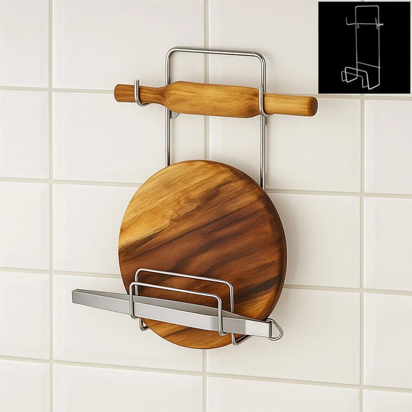 Chakla Belan Chimta Stand Rolling Pin Board Tong Holder Silver Stainless Steel Multi - Purpose Rack for Kitchen (1 Pc ) - Justgrabit Inc.