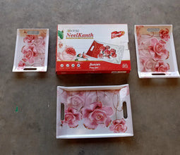 Plastic Rectangular Shape Flower Printed Design Serving Tray 3 pcs Home and Kitchen Use (3 pcs set) - Justgrabit Inc.