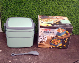 GREEN DOUBLE - LAYER PORTABLE LUNCH BOX STACKABLE WITH CARRYING HANDLE AND SPOON LUNCH BOX , Bento Lunch Box - Justgrabit Inc.