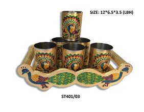Peacock Design Glass with Handle and Handicraft Serving Tray Set - Justgrabit Inc.