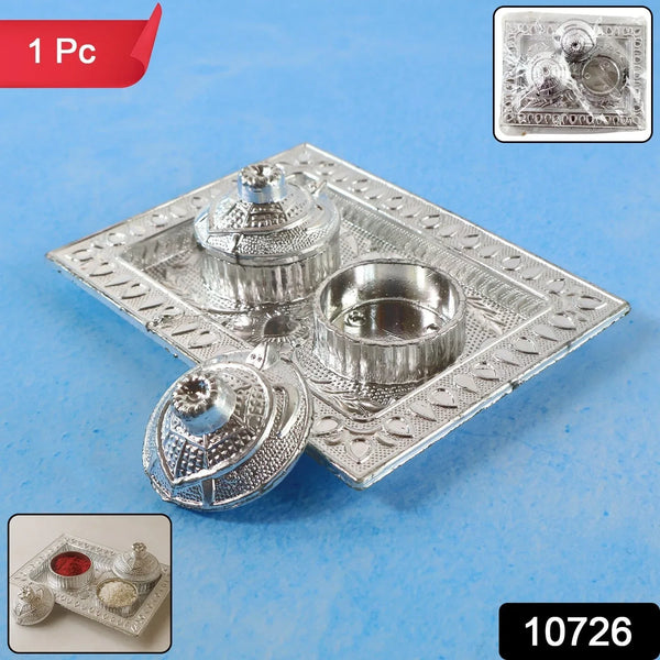 Silver - Finish Pooja Kumkum Box Tray - (1 Pc) - justgrabit.in | Just Grab It