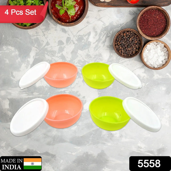 Multipurpose Small Round Plastic Bowl / Katori With Lid, Microwave Safe Reusable Lightweight Bowl, Dishwasher Safe Chutney Bowl (4 Pcs Set) - Justgrabit Inc.