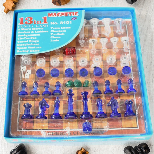 13 in 1 Family Board Game Chess, Snakes & Ladders, Ludo, Tic - Tac - Toe, Checkers, Travel Bingo, Football, Space Venture, Steeplechase Set for Kids - Justgrabit Inc.