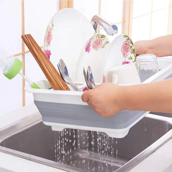Collapsible Folding Silicone Dish Drying Drainer Rack with Spoon Fork Storage Holder - Justgrabit Inc.