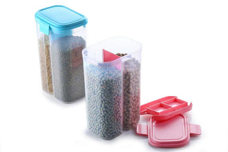 Plastic 2 Sections Air Tight Transparent Food Grain Cereal Storage Container (2 ltr) - Justgrabit Inc.