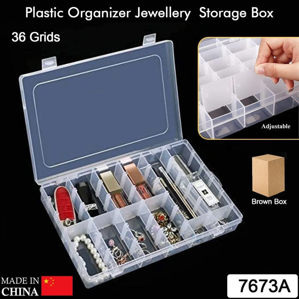 36 Grids Clear Plastic Organizer Jewelry Storage Box with Adjustable Dividers, Transparent Organizer Box (1pc) - justgrabit.in | Just Grab It
