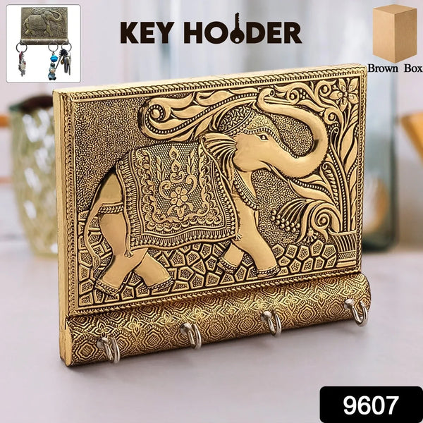 Wooden Key Holder for Home Decor Stylish Metal Gold Antique Elephant Design (1 Pc) - Justgrabit Inc.