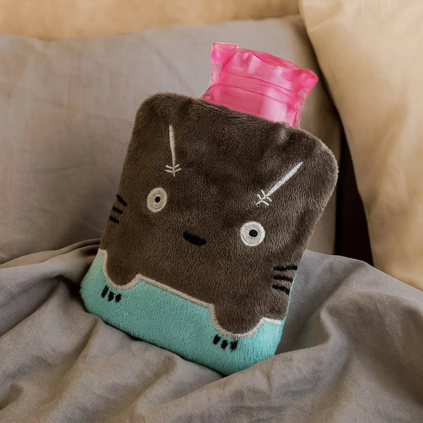 Grey Cat Print Small Hot Water Bag with Cover for Pain Relief - Justgrabit Inc.