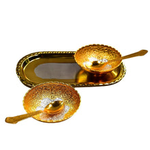 Gold Silver Plated 2 Bowl 2 Spoon Tray Set Brass with Red Velvet Gift Box Serving Dry Fruits Desserts Gift - Justgrabit Inc.