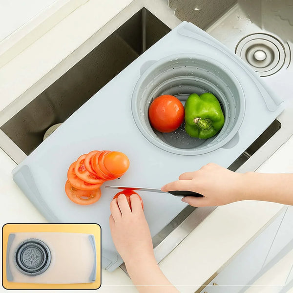 2 in 1 Over - Sink Cutting Board with Built - In Collapsible Strainer (50 x 28 Cm) - justgrabit.in | Just Grab It