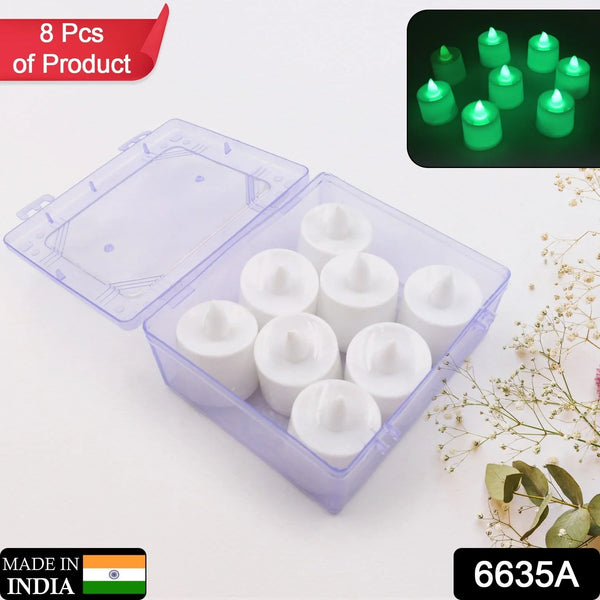 GREEN FLAMELESS LED TEALIGHTS, SMOKELESS PLASTIC DECORATIVE CANDLES - LED TEA LIGHT CANDLE FOR HOME DECORATION, Diwali (PACK OF 8) - justgrabit.in | Just Grab It
