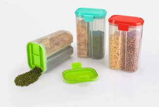 Plastic 2 Sections Air Tight Transparent Food Grain Cereal Storage Container (2 ltr) (With Box) - Justgrabit Inc.