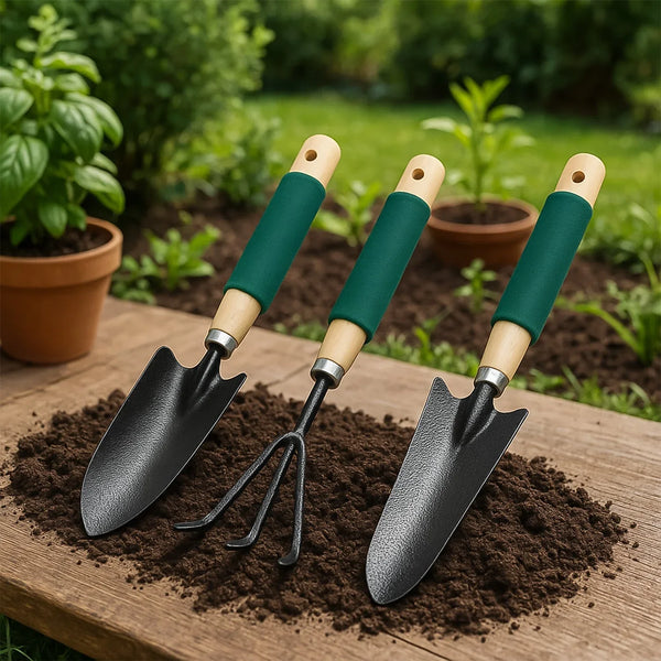 Gardening Tools - Hand Cultivator, Trowel, Heavy Duty with Ergonomic Wooden Handle for Transplanting and Digging (3 Pcs Set) - Justgrabit Inc.