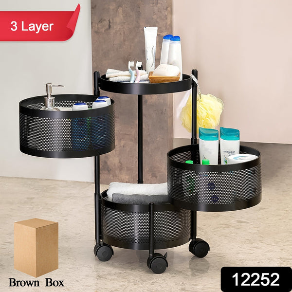Metal Round High Quality Kitchen Trolley with Wheels (3 Layer / 1 Pc) - justgrabit.in | Just Grab It