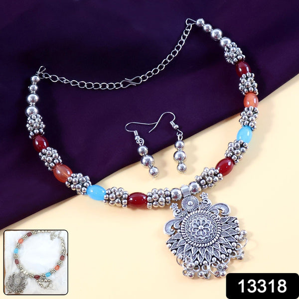 Oxidised Silver Traditional Beaded Necklace Set - justgrabit.in | Just Grab It