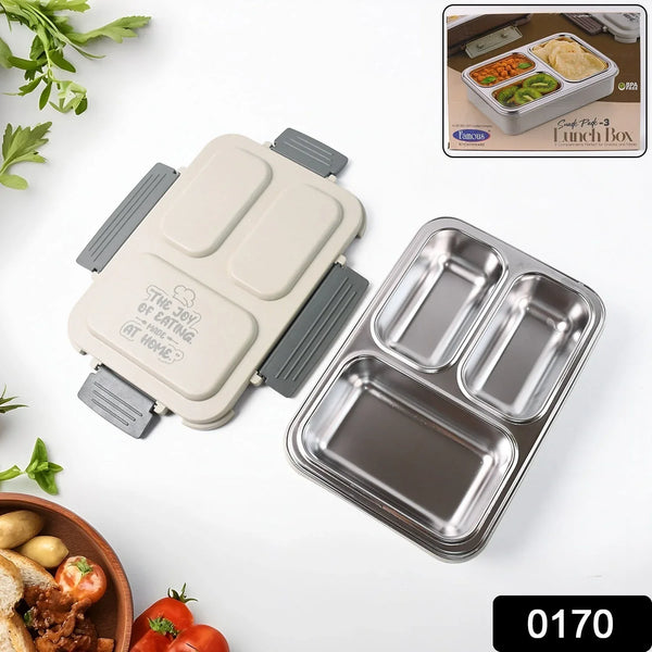 3 - Compartment Stainless Steel Lunch Box (1 Pc) - Justgrabit Inc.
