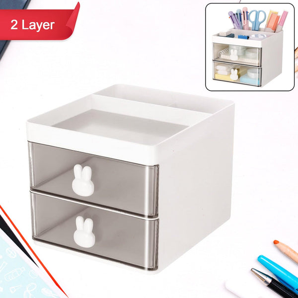 2 Layer 5 Compartment Desk Organizer with Transparent Drawer (1 Pc / 15×13×11 Cm) - justgrabit.in | Just Grab It