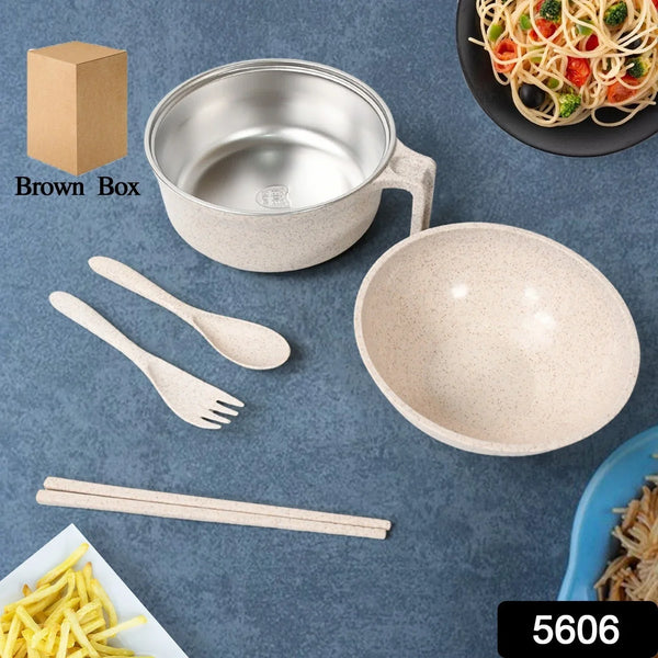 Rice Bowl Noodle Set – 6 Pcs with Lid, Handle & Cutlery - Justgrabit Inc.