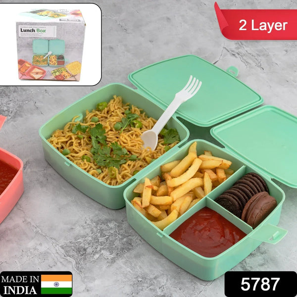 Double - Layer Square Lunch Box with Spoon , 4 Compartment Tiffin & Push Lock , Plastic Tiffin Box for Travelling, School Kids & Office Exclusive, Home - Justgrabit Inc.