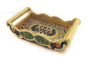 Peacock Design Glass with Handle and Handicraft Serving Tray Set - Justgrabit Inc.