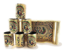Peacock Design Glass with Handle and Handicraft Serving Tray Set - Justgrabit Inc.