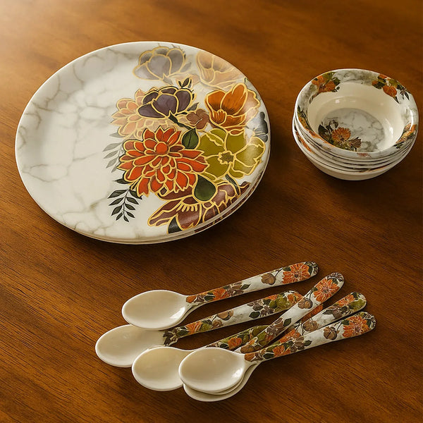 Dream 18 - Piece Plastic Dinner Set – Unique Flower Design, 6 Plates, 6 Bowls & 6 Spoons, Microwave & Dishwasher Safe - Justgrabit Inc.