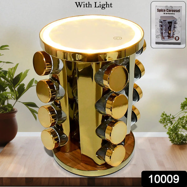 LED Spice Rack Organizer, Rotating Spice Rack with Free 16 Seasoning Jars, Revolving Tower Organizer Stainless Steel for Kitchen Storage (Golden / 16 Pc / MOQ - 6 pc) - Justgrabit Inc.