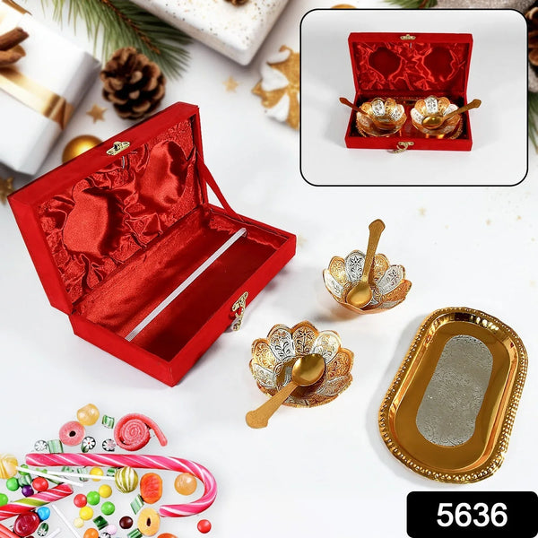 5in1 Gold Silver Plated 2 Bowl 2 Spoon Tray Set Brass with Red Velvet Gift Box Serving Dry Fruits Desserts Gift - Justgrabit Inc.
