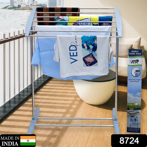 Multi - Functional Single Tier Mobile Towel Foldable Rack for Cloth and Towel / Stainless Steel and Plastic Made Mobile Towel and Cloth Rack Holder Indoor / Outdoor Standing Movable Cloth Dryer Rack, Balcony Cloth Drying Stand - Justgrabit Inc.