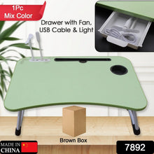 MultiPurpose Study Table Foldable Portable Notebook Bed Lap Desk Tray Stand Reading Holder with Coffee Cup Slot, Drawer, Fan, USB Cable & Light for Breakfast, Reading & Movie Watching (1 Pc Mix Color) - Justgrabit Inc.