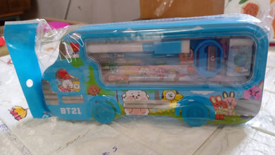 Bus Shape Compass Box for Boys, Kids School Accessories | Pencil Box with Wheels for Girls and Kids, String Operated Case Students School Supplies - Stationery Set Organizer Birthday Return Gift for Kids - Justgrabit Inc.