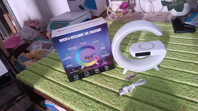 Smart Alarm Clock with G - Shape RGB Light Bluetooth Speaker, Wireless Charging (1 Pc) - justgrabit.in | Just Grab It