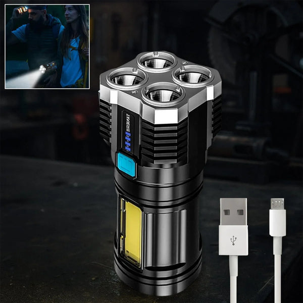 Multifunctional Strong 4 LED Torch Light, Portable Rechargeable Flashlight Long Distance Beam Range 800 Lumens COB Light 4 Mode Emergency for Hiking, Walking, Camping (4 LED Torch) - justgrabit.in | Just Grab It